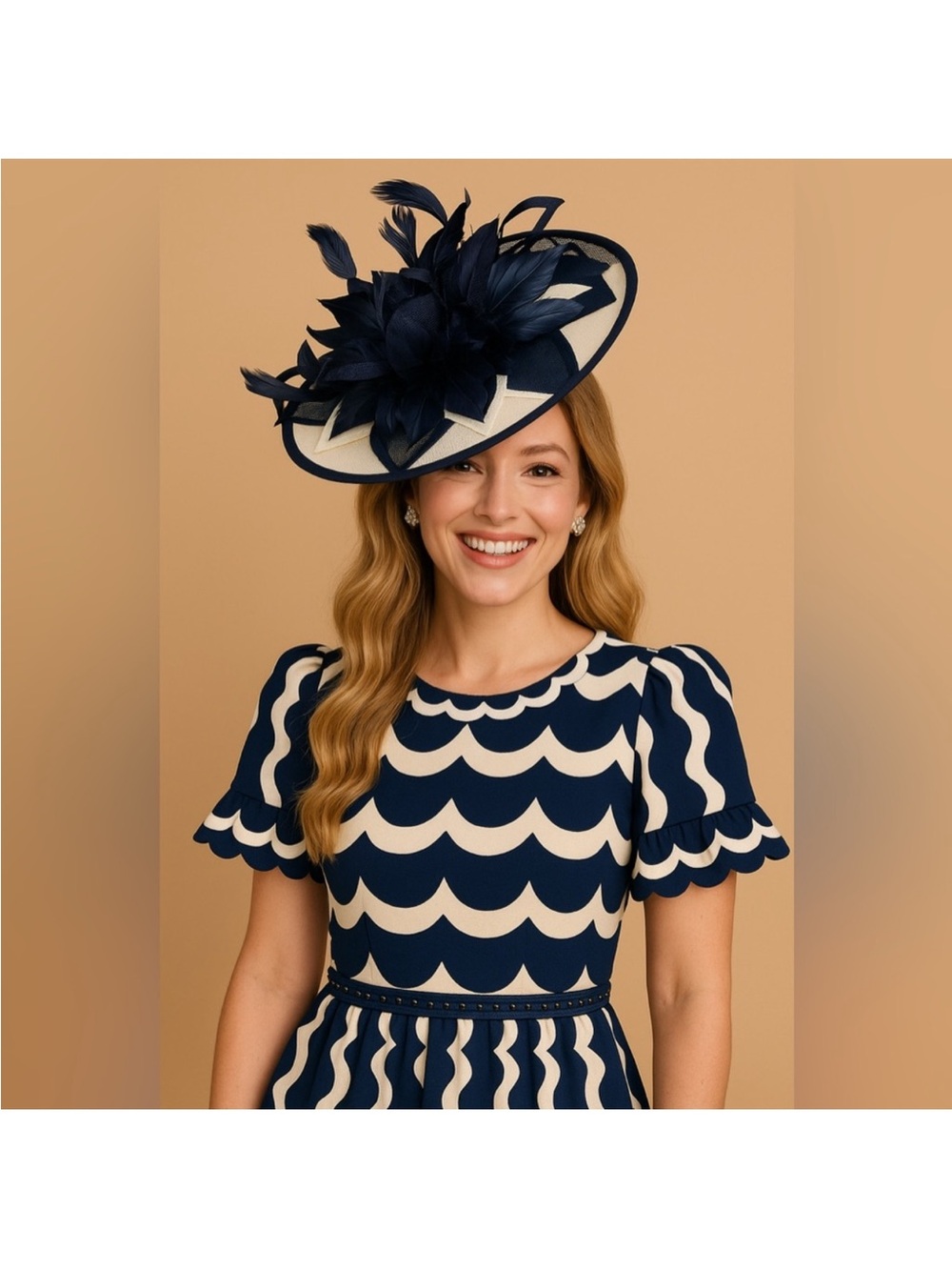 Navy & Cream Feather Fascinator Hat – Derby, Wedding, or Garden Party Elegance